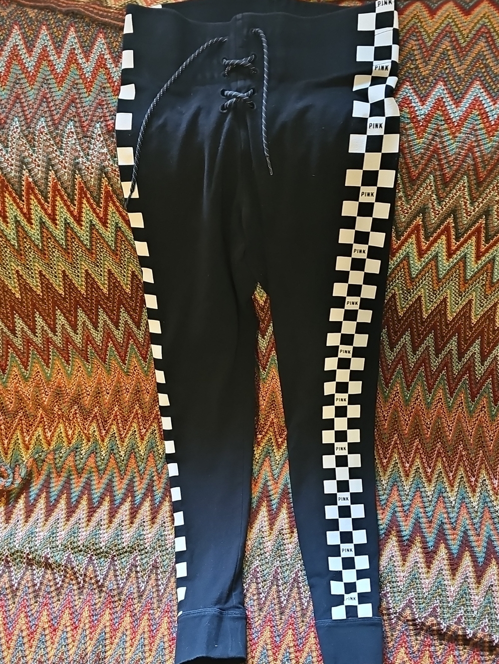 PINK Victoria's Secret Black Leggings with White Checker Side Trim